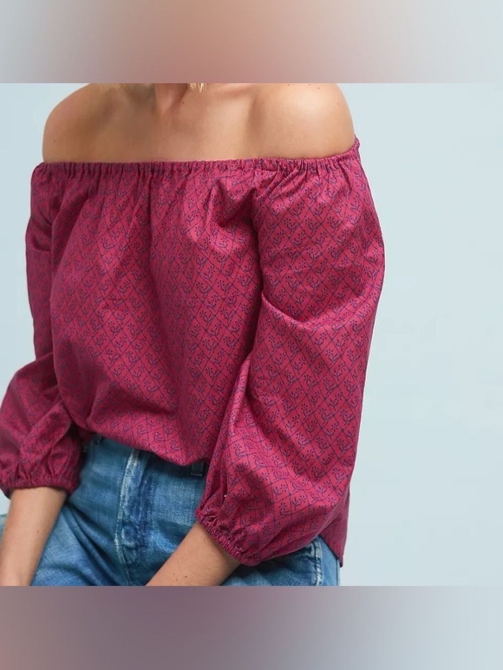 Anthropologie Maeve Off Shoulder Top Pink Blue Floral Feminine Smocked